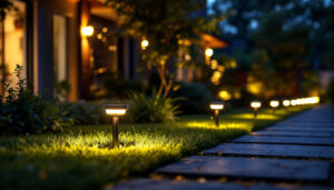 A photograph of a well-lit outdoor space featuring solar puck lights elegantly illuminating a pathway or garden area