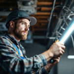 A photograph of a lighting contractor in action