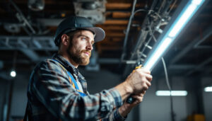 A photograph of a lighting contractor in action