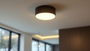 A photograph of a stylish small flush mount ceiling light installed in a modern interior setting
