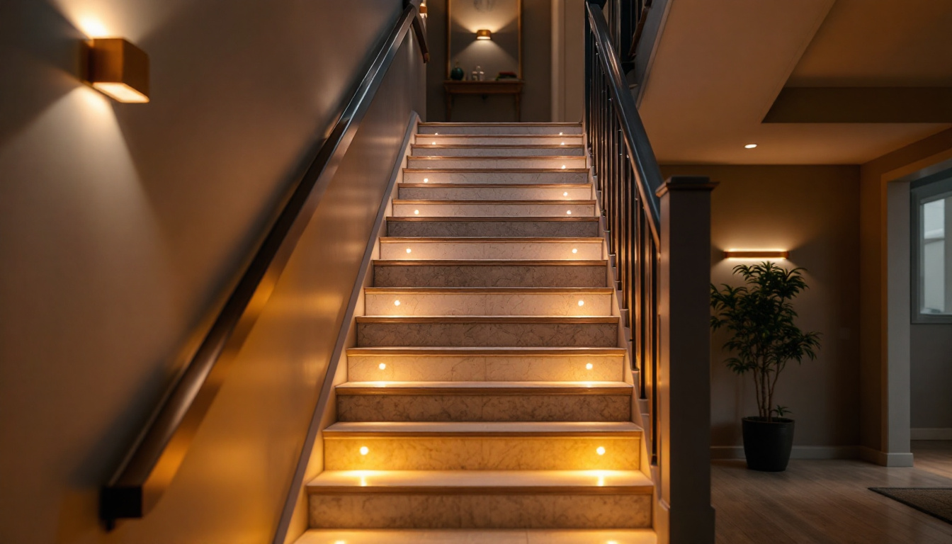 A photograph of a beautifully lit indoor staircase showcasing various lighting techniques