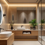 A photograph of a modern bathroom featuring stylish led lighting fixtures that highlight compliance with safety standards