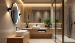 A photograph of a modern bathroom featuring stylish led lighting fixtures that highlight compliance with safety standards