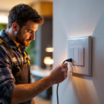 A photograph of a lighting contractor installing or examining a four-way switch in a modern home setting