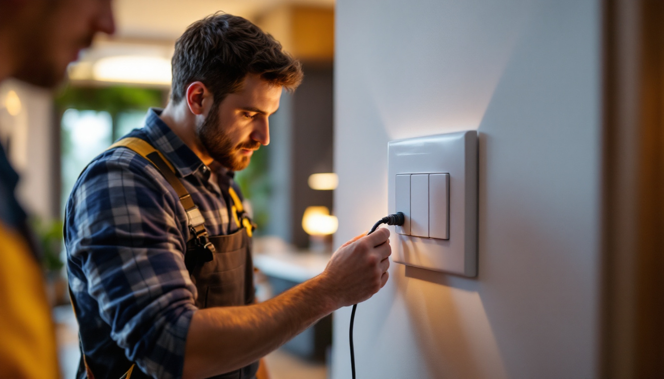 A photograph of a lighting contractor installing or examining a four-way switch in a modern home setting