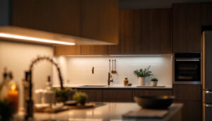 A photograph of a lighting contractor installing sleek