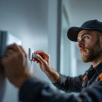 A photograph of a lighting contractor skillfully installing a humidistat switch in a residential or commercial setting
