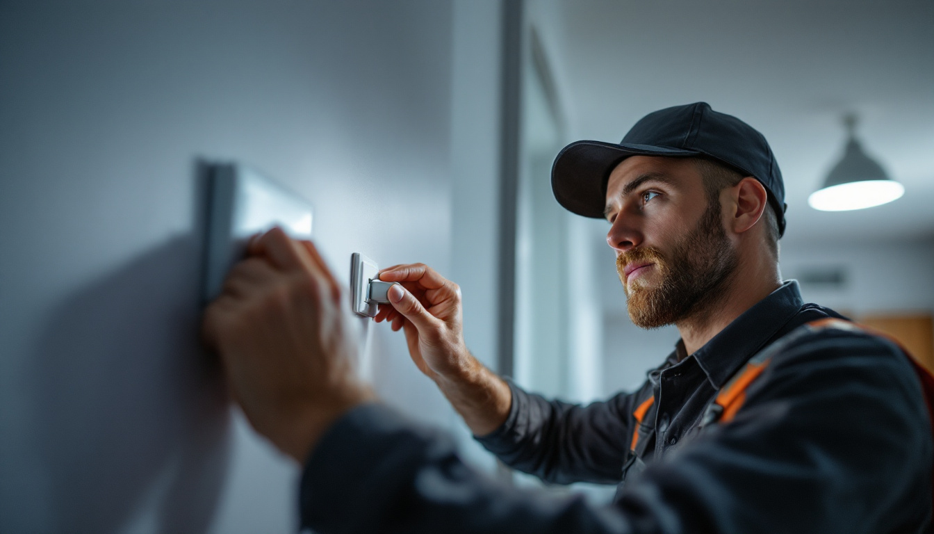 A photograph of a lighting contractor skillfully installing a humidistat switch in a residential or commercial setting