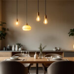 A photograph of a beautifully designed dining room featuring an elegant hanging light fixture