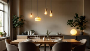 A photograph of a beautifully designed dining room featuring an elegant hanging light fixture