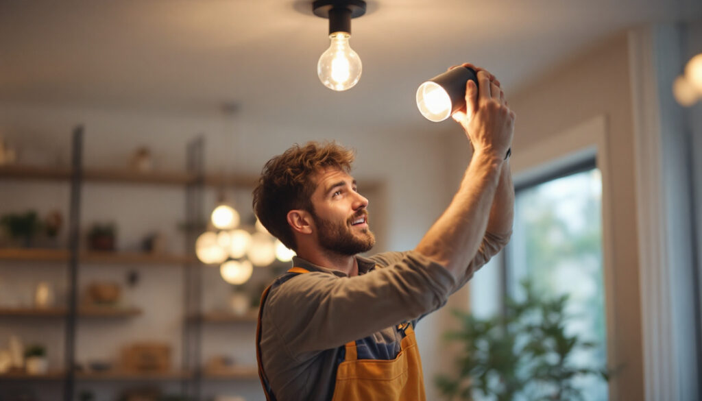 A photograph of a skilled lighting contractor expertly installing or adjusting a stylish light fixture in a modern home setting