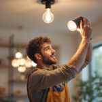 A photograph of a skilled lighting contractor expertly installing or adjusting a stylish light fixture in a modern home setting