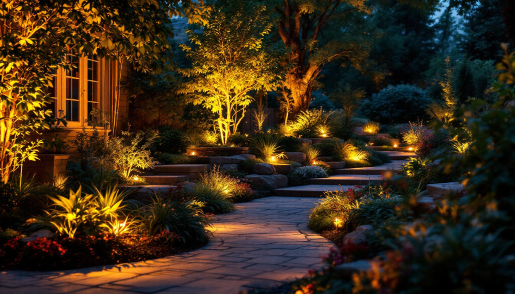 A photograph of a beautifully illuminated outdoor space showcasing various landscaping lighting techniques in action