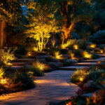 A photograph of a beautifully illuminated outdoor space showcasing various landscaping lighting techniques in action
