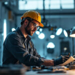 A photograph of a skilled lighting contractor working on a diverse range of lighting installations