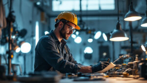 A photograph of a skilled lighting contractor working on a diverse range of lighting installations