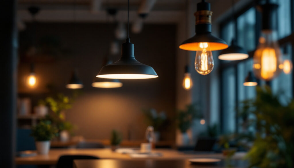 A photograph of a well-lit office space showcasing various modern light fixtures in use