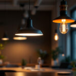A photograph of a well-lit office space showcasing various modern light fixtures in use