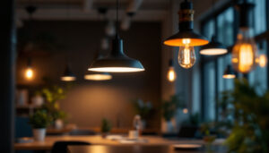 A photograph of a well-lit office space showcasing various modern light fixtures in use