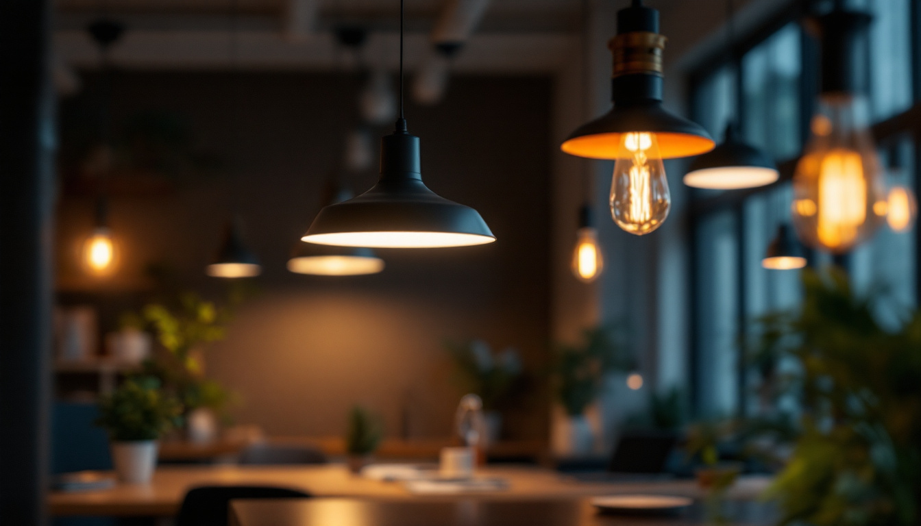 A photograph of a well-lit office space showcasing various modern light fixtures in use