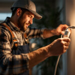A photograph of a lighting contractor efficiently installing a plug and switch combo in a residential setting
