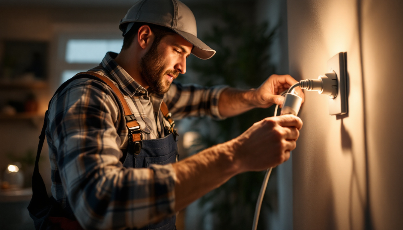 A photograph of a lighting contractor efficiently installing a plug and switch combo in a residential setting
