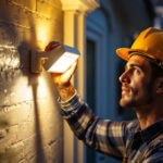 A photograph of a skilled lighting contractor installing an outdoor motion sensor led light in a residential setting