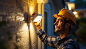 A photograph of a skilled lighting contractor installing an outdoor motion sensor led light in a residential setting