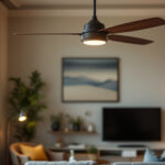 A photograph of a stylishly designed ceiling fan in a well-lit living space
