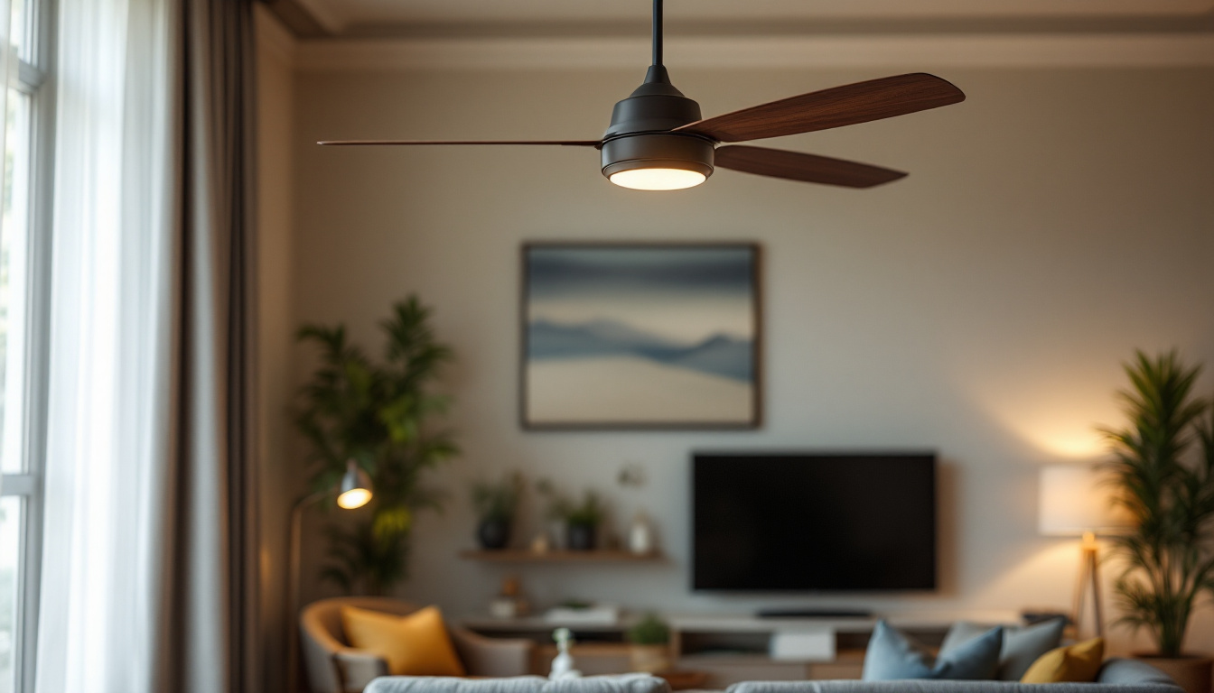 A photograph of a stylishly designed ceiling fan in a well-lit living space