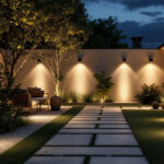 A photograph of a beautifully illuminated outdoor space showcasing various lighting installations
