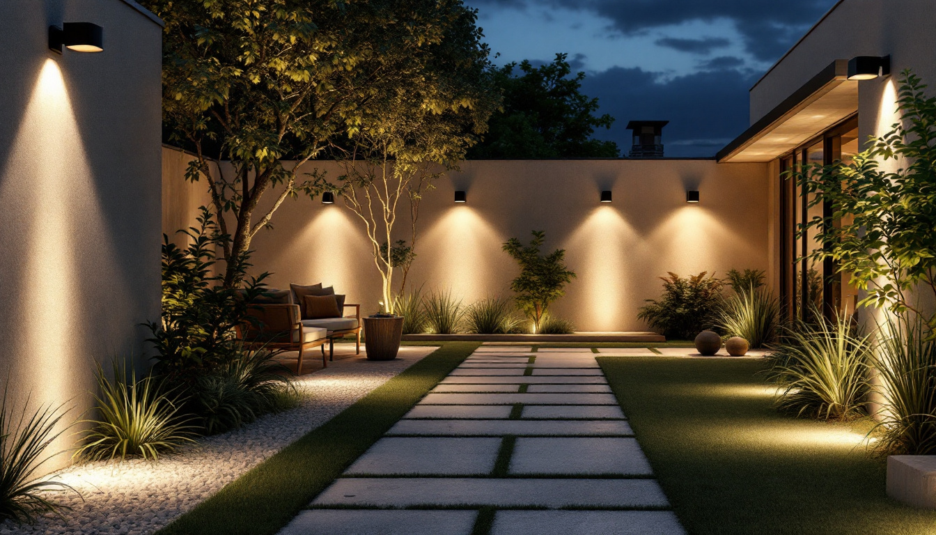 A photograph of a beautifully illuminated outdoor space showcasing various lighting installations