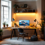 A photograph of a well-designed home office showcasing various lighting options