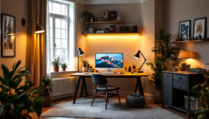 A photograph of a well-designed home office showcasing various lighting options