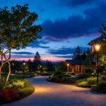 A photograph of a beautifully illuminated landscape at dusk
