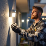 A photograph of a lighting contractor installing sensor lights in a residential setting
