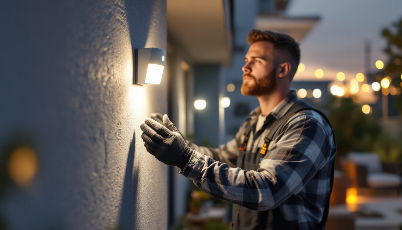A photograph of a lighting contractor installing sensor lights in a residential setting