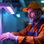 A photograph of a lighting contractor demonstrating the use of a uv sanitizer light in a professional setting