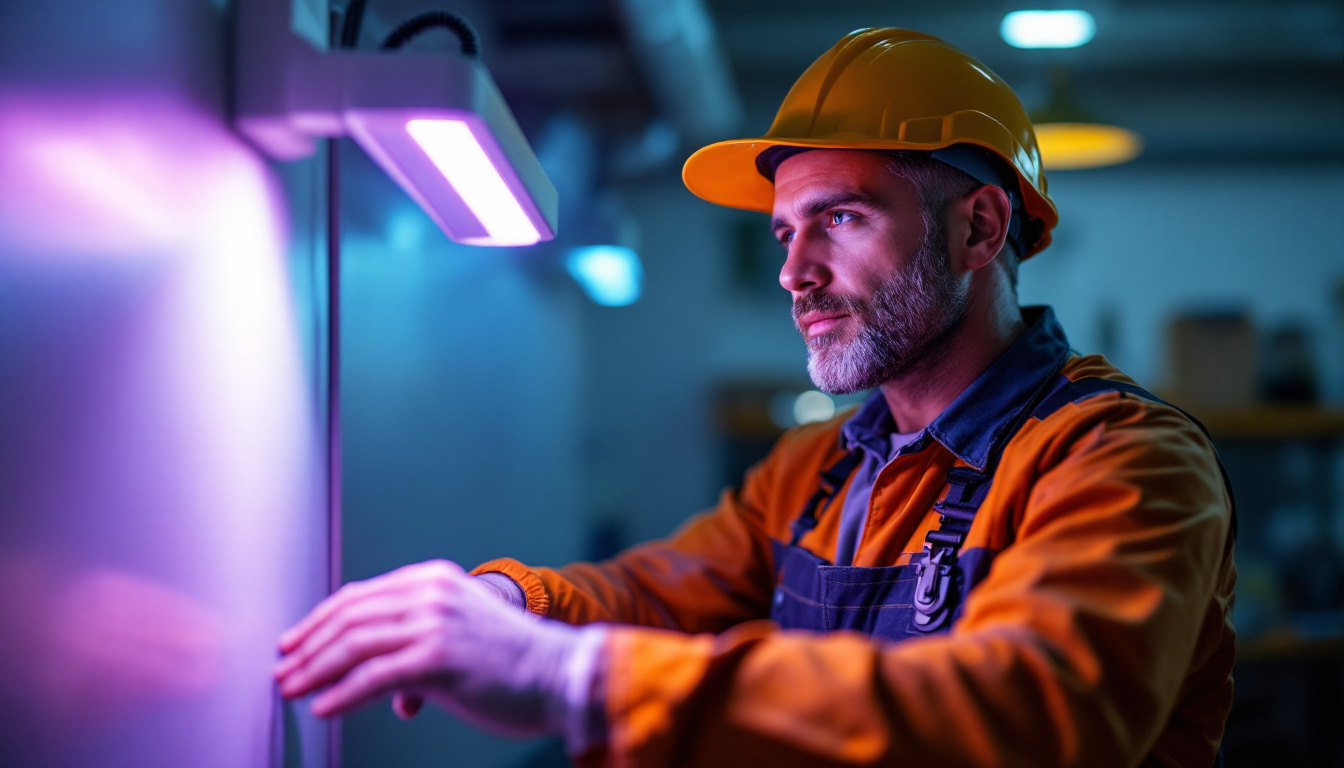 A photograph of a lighting contractor demonstrating the use of a uv sanitizer light in a professional setting