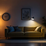A photograph of a well-lit home interior featuring an emergency light in action during a simulated power outage