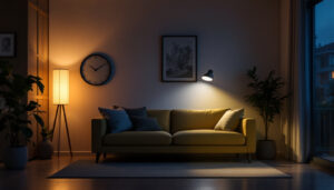 A photograph of a well-lit home interior featuring an emergency light in action during a simulated power outage