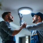 A photograph of a lighting contractor installing a recessed can light with a motion sensor in a modern home setting