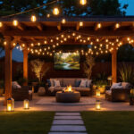 A photograph of a beautifully illuminated backyard scene featuring a variety of modern outdoor lighting fixtures