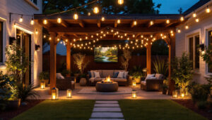 A photograph of a beautifully illuminated backyard scene featuring a variety of modern outdoor lighting fixtures