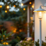 A photograph of a stylish white outdoor lamp illuminating a cozy outdoor space