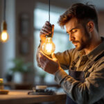 A photograph of a lighting contractor expertly installing or adjusting a type a bulb in a stylish