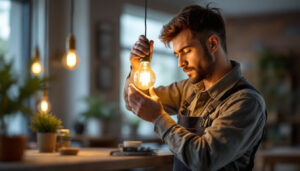 A photograph of a lighting contractor expertly installing or adjusting a type a bulb in a stylish
