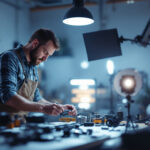 A photograph of a skilled lighting contractor at work