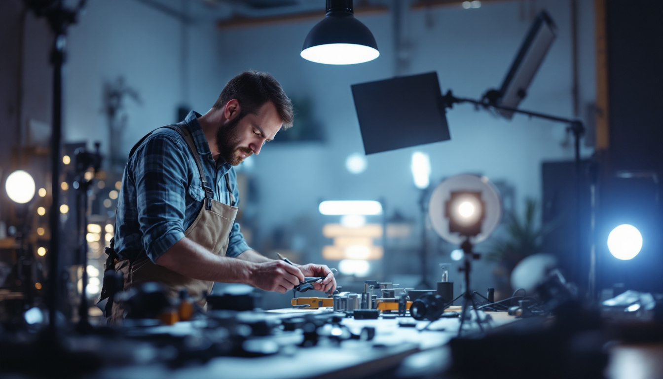 A photograph of a skilled lighting contractor at work