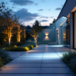 A photograph of a modern outdoor space illuminated by a powerful